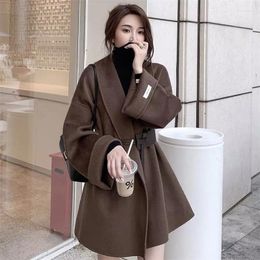 Women's Wool Blended Double-Sided Coat Womens Autumn And Winter 2023 Korean Slim Temperament Loose Belt Hepburn Style Jacket 872