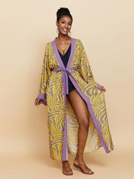 Swimwear Zebra Beach Cover Ups for Women Long Sleeve Kimono Dress Self Belted Rayon Elegant Pareo 2023 Bathing Suits Holiday Beachwear