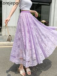 Skirts Korejepo Purple Lace Style Skirt Women Summer Pleated Screen Temperament Big Swing Bottoms A Line Length Skirts 230511