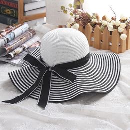 Wide Brim Hats Bucket Hats Fashion Hepburn Wind Black White Striped Bowknot Summer Sun Hat Beautiful Women Straw Beach Hat Large Brimmed Hat 230511