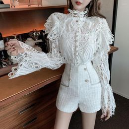 Women's Blouses Autumn Flare Sleeve White Pink Black Lace Hollow Out Embroidery Blouse Women Ruffles Shirt Elegant Ladies Korean Fashion