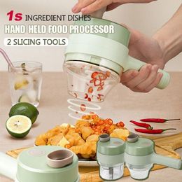 Fruit Vegetable Tools 4 In 1 Electric Vegetable Cutter Meat Mincer Handheld Chopper Machine Garlic Crusher Ginger Masher Slicer USB Kitchen Brush Tool 230511