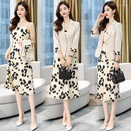 Work Dresses YASUGUOJI Elegant Blazer Dress Suits For Office Lady 2023 Spring Slim Cascading Ruffle Sleeveless Floral 2 Piece Set Women