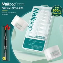 False Nails Nailpop 600 Buah Kuku Palsu dengan KIT Lem Set Buatan Akrilik Profesional Cat Solid UV LED Gel Mancure 230510