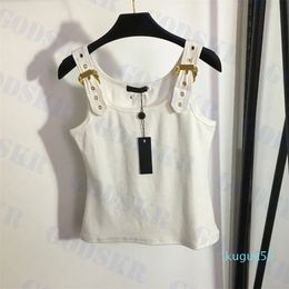 2023-Luxury Womens Tops Letter Metal Button Tank Top New Ladies T Shirt High Quality Tanks Three Colours