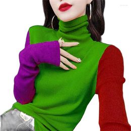 Women's Sweaters 2023 Autumn And Winter Fashion Color Matching Knitted Shirt Women's Slim High Neck Long-Sleeved Sweater Pullover Ladies