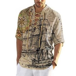 RUKAS T-shirt graphic boat V-neck clothing 3D printing Outdoor casual long sleeved lace printing Fashion original pattern Comfortable