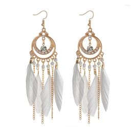 Dangle Earrings Bohemian Long Feather For Women Designe Water Drop Bead Rhinestone Boho Chian Tassel