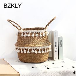 Storage Baskets Handmade Bamboo Foldable Laundry Straw Patchwork Wicker Rattan Seagrass Belly Garden Flower Pot Planter Basket 230510