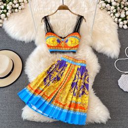 Été plage boho designer robe pour femme deux pièces robe mode ensemble femme 2 pièces crop top tenues sexy pour jupe plissée taille haute