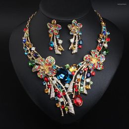 Pendant Necklaces Fashion Shiny Multicolor Cubic Zirconia Crystal Flower Necklace Earrings Set Exaggerated Bridal Banquet Party Jewelrys