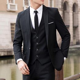 Men's Suits Cotton Suit Men Solid Colour Lapel Collar Coat Vest Long Pants Business Wedding Slim Set Royal Blue