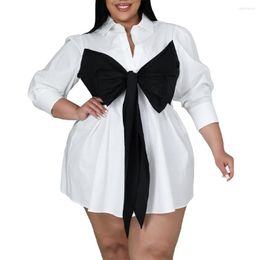 Plus Size Dresses Women White Lace Up Bow Neck Waist Lapel Black And Contrast Narrow Long Sleeve Blouse Dress