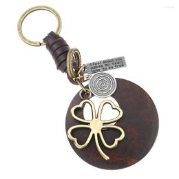 Keychains Fashion Vintage Women Keychain Alloy Lucky Four-leaf Clover Big Round Wood Holder Pendant Keyring Bag Car Key Chain Jewelry Gift