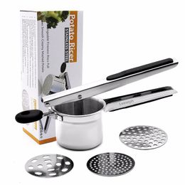 Fruit Vegetable Tools Stainless Steel Potato Ricer with 3 Interchangeable Fineness Discs Silicone Grip Handle kitchen tools by Leeseph 230511