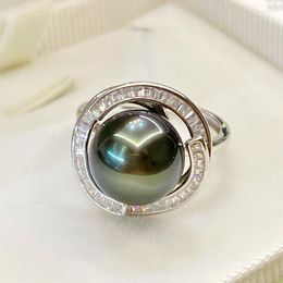 Cluster Rings Vintage Real Tahitian Black Pearl Ring Simple 925 Silver Open With 11-12mm Natural Tahiti For Women Wedding Jewelry