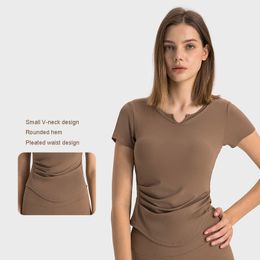 L-386 SPR Ribbed T-Shirt Cropped Yoga Tops Plealed Waist Small V Neck Shirts Slim Fit Short-Sleeve Shirt Rounded Hem Women Sweatshirt