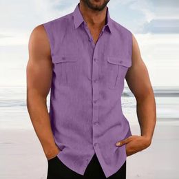 Men's Casual Shirts Leisure Cotton Linen Tank Tops 2023 Spring Summer Solid Colour Buttoned Lapel Sleeveless Vest Shirt Fashion Camisole 230511