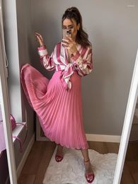 Women's Tracksuits Foridol Stripes Satin Shirt Pleated Skirt Set For Women 2023 Pink Elegant Maxi Long Summer Spring Suit Fashion Outfits