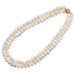 Chains The 8-9 MM Freshwater Natural Pearl Necklace With Golden Link And 2 Rows Pure White