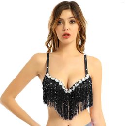 Stage Wear Women Belly Dance Bra Top Shiny Sequins Tassel Rhinestone Brassiere Tops Latin Jazz Dancewear Club Party Performance Costume