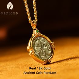 Pendant Necklaces VITICEN Real 18K Gold AU750 Ancient Coin Double sided Goddness Athena Owl Gift For Woman Vintage Fine Jewelry 230511