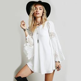 Casual Dresses Women Long Sleeved Chiffon Hollow Out Lace Dress Autumn Crochet Stitching Mini White Loose A-line Vestidos