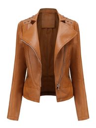 Jackets 2022 New Women Spring Autumn Leather Jacket Turn Down Collar Long Sleeve Slim Thin Small Coat Biker Suit