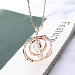 Chains Gold Waved Circles With Pearl Pendant Necklace For Women Color Crystal Geometric Round Long 2023 Fashion Jewelry Gift
