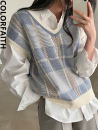 Women's Vests Colorfaith Sleeveless Vest Waistcoat Checkered Oversized Winter Spring Women Sweaters Pullovers Knitwear Tops SWV18309 230511