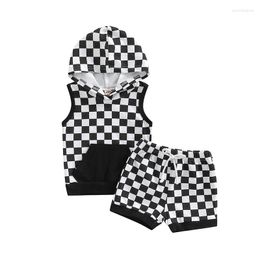 Clothing Sets Baby Girl Boys Suit Sleeveless Hooded Checkerboard Print Tops Summer Casual Drawstring Short Pants