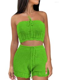 Women's Tracksuits Women Sexy Bodycon Crochet Knitted Set Y2k Two Piece Outfit Sleeveless Printed Crop Tank Tops Elastic Shorts Beach