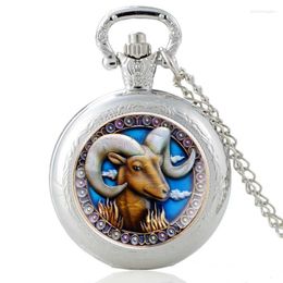 Pocket Watches Twelve Constellations Aries Vintage Quartz Watch Charm Men Women Pendant Necklace Chain Hours Clock Gifts