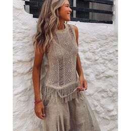 Cover-up 2022 Bikinis Coverups Knitted Sexy See Through Mesh Beach Cover Summer Clothes O Neck Hollow out Top Blouse Tassel Tank