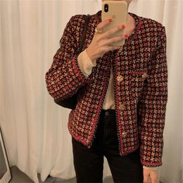 Women's Jackets Elegant Weave Plaid Women Blazer Pocket Plus Velvet Winter Casual Tweed Coat Office Ladies Suit Jacket Vintage Short Top