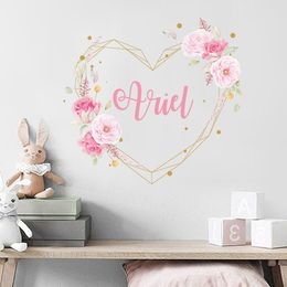 Party Decoration Custom Name Peony Flowers Girl Nursery Wall Stickers Peel and Stick Vinyl Decals Baby Kids Room Interior Home Decor Gifts 230510