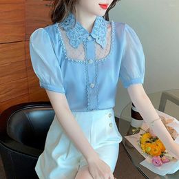 Women's Blouses Summer Embroidery Sweet Ladies Shirt Puff Sleeve Chic Gauze Hollow Short Womens Fashion Top Female Clothing