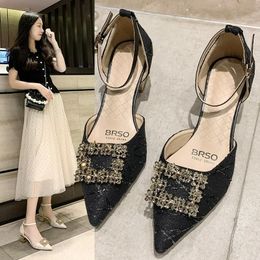 Dress Shoes Summer Fashion High Heeled Women's Diamond Pointed Single Fairy Style Mid Heel Thick One Line Sandals