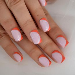 False Nails Pink Orange Fake Short Half Moon Designs Press On Glossy Faux Ongles Court Reutilisable 24pcs