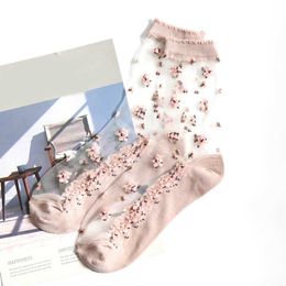 Socks Hosiery 1 pair breathable ultra thin socks summer transparent female silk lace crystal rose flower girls elastic short socks female sox P230511