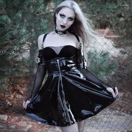 Casual Dresses Black Leather Skirts Women Gothic Streetwear High Waist Zipper Spaghetti Straps Short Lady Retro Party Mini Skirt