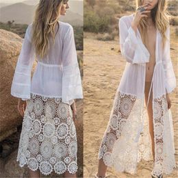 Women's Swimwear Bikini Cover-ups Sexy Belted Summer Dress White Lace Tunic Women Beach Wear Swim Suit Cover Up