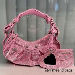 Designer Bags Motorcycle Handbag Rhinestone Shoulder Bag 5a Crossbody Bags Genuine Leather Heart Shaped Mirror Pendant Zipper Closure Women Half Moon Purse