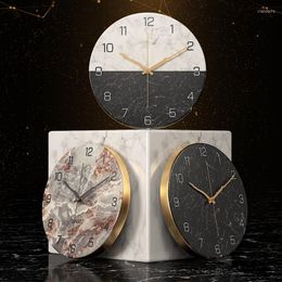 Wall Clocks Nordic Fashion Clock Home Decoration Marble Texture Metal Living Room Round 12 Inch Watch Wood Grain Needle