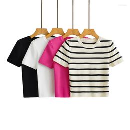 Women's T Shirts 2023 Women Knitted T-shirt O-neck Casual Short Sleeve Ladies Female Top Tee Elastics Black White Striped