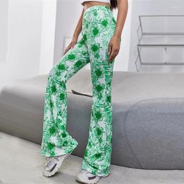 Women's Pants Flare Leggings Women High Waist Workout Yoga Tummy Control Stretch Sunflowers Print Wide Leg Trousers Green XL