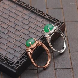 Cluster Rings Natural Chrysoprase Ring Rose Gold Four-Claw Zircon S925 Silver Inlaid Women's