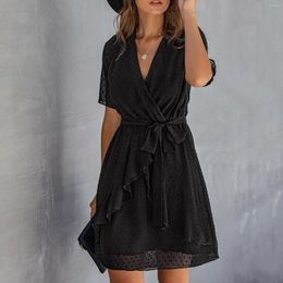 Casual Dresses Womens Lace Linen Dress Fashion Dot V Neck Slim Waist Up Ruffle Tie Skirt Solid Short Sleeves Sundress