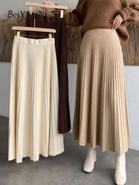 Skirts Beiyingni Women Long Maxi Knitted Skirt Autumn Winter Casual Pleated High Waist A-line Skirts 90cm Korean Fashion Faldas 230511