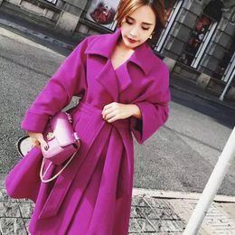 Women's Wool Vintage Suit Collar Woollen Coat Women's Korean Fashion Thick Velvet Warm Women Rose Red Belt A-Line Outwear Female